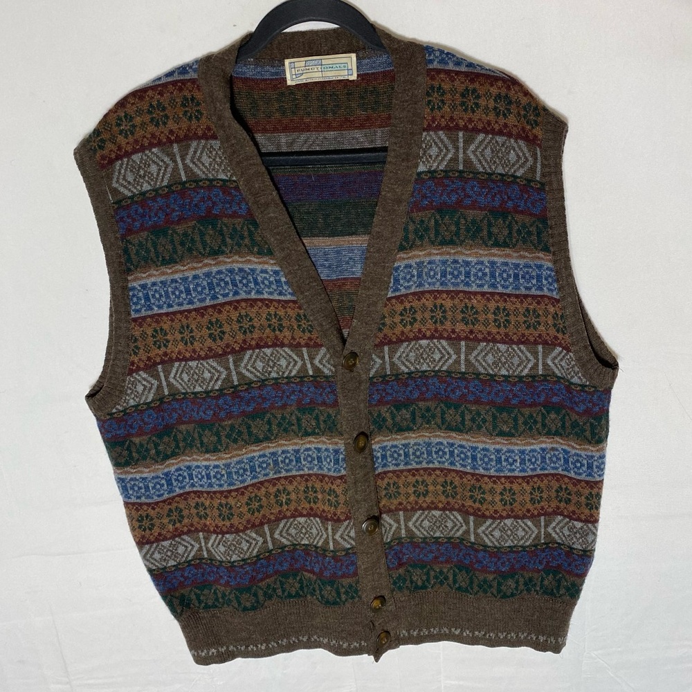 Vintage 90s Functionals Brown Blue Wool Blend Multi Print Striped Sweater Vest L